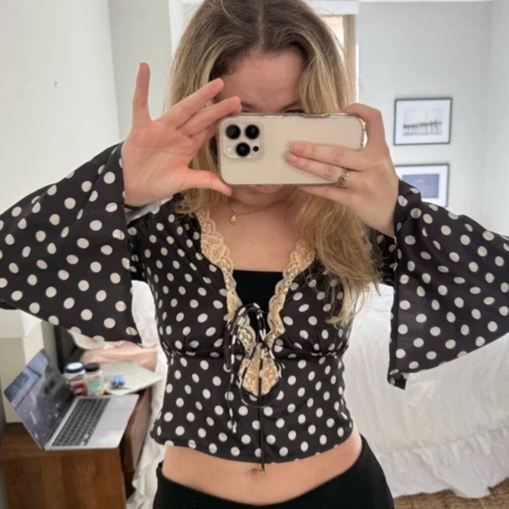 Princess Polly Black Lace Polka Dot Long Sleeve Top